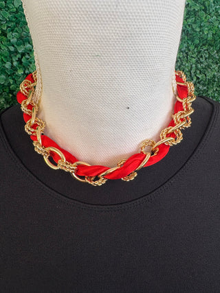 Red Scarf Link Necklace with Gold Chain Accents