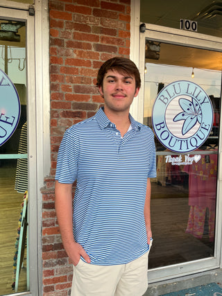 Autilove Men's Performance Polo in Navy Blue/Grey/White Stripes