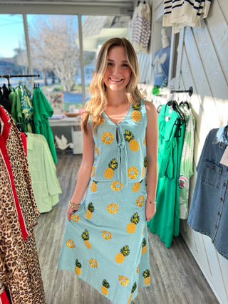 Queen of Sparkles Blue & White Striped Pineapple Midi Skirt final sale