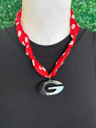 Red Polka Dot Scarf Necklace with Black Georgia Pendant