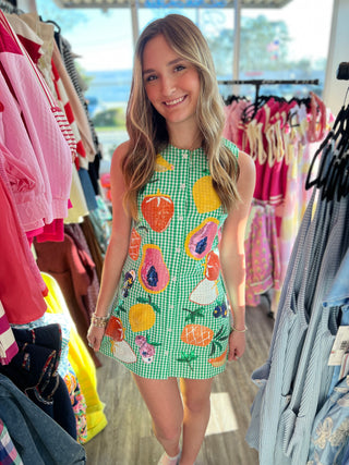 Queen of Sparkles Green Gingham Fruit Button Up Tank Dress final sale