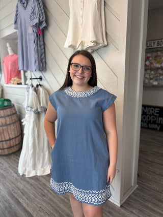 Isla Blue Drop Shoulder Trimmed Mini Dress with Pockets