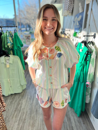 Queen of Sparkles Stripe Button Up Shell Short final sale