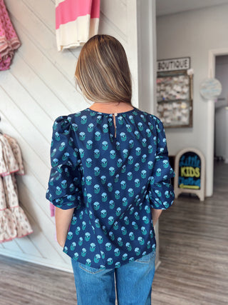 Mary Square Floral Foulard Blue Azalea Top