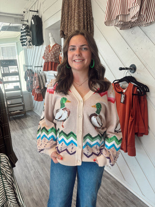 Queen of Sparkles Beige Multi Zig Zag Duck Cardigan