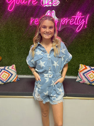 Vintage Star Distressed Denim Romper