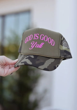God Is Good Y’all Trucker Hat – Camo & Pink