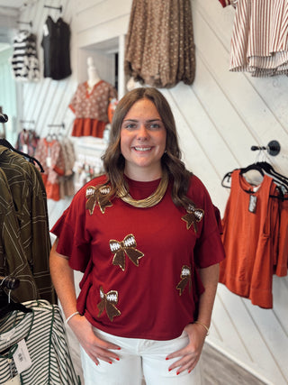 Sideline Sparkle Ruffle Top- Maroon