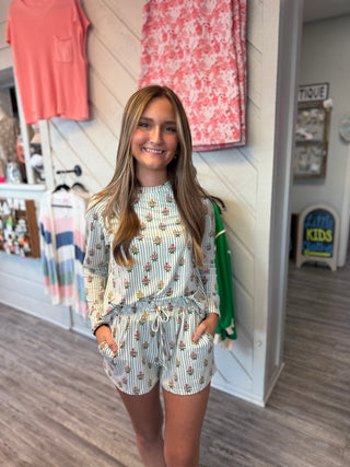 Mary Square Annie Shorts Set | Cottage Stripes Green