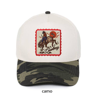 Western COWBOY Embroidery Patch Camo Print Brim Baseball Cap: Camo