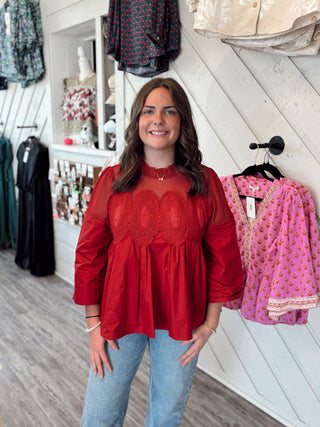 Crimson Crochet Accent Mesh Top