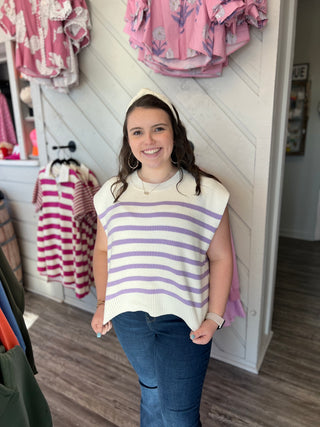 Oversized Crew Neck Striped Sweater Vest in Lavender