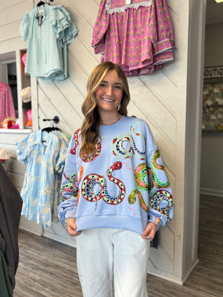 Queen of Sparkles Light Blue Multi Snake Sweatshirt