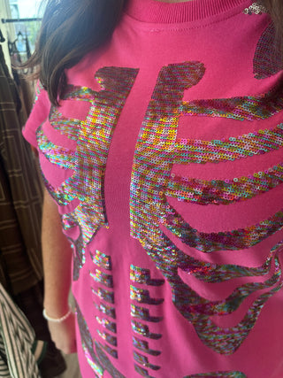 Queen of Sparkles Hot Pink Multi Skeleton Body Tee Dress