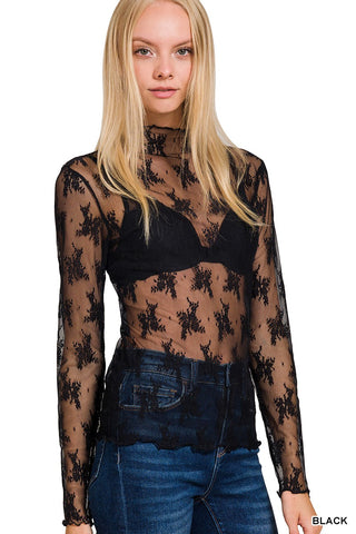 Sheer Lace Mock Neck Top in Black