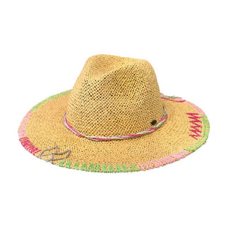 Multi-Colored Stitched Brim Panama Hat: NATURAL