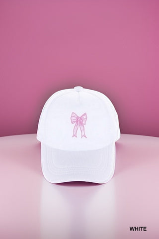 Coquette Ribbon Bow Embroidered Trucker Hat in White