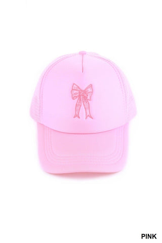 Coquette Ribbon Bow Embroidered Trucker Hat in Pink