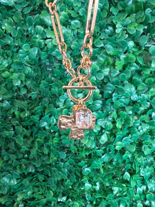 Gold Open Chain with Hammered Cross and Rhinestone 16"-18" Necklace