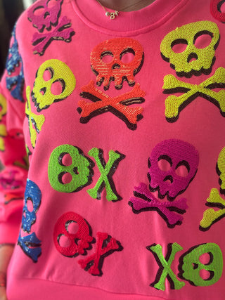 Queen of Sparkles Neon Pink Multi Skull & Crossbones Sweatshirt