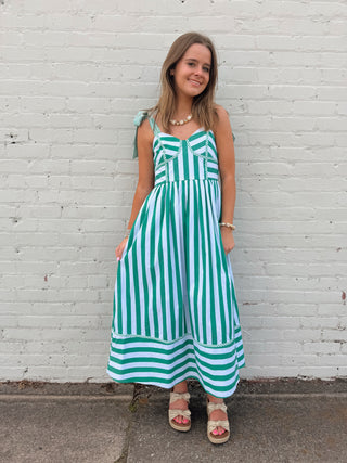 Lucky Stripe Bow-Shoulder Midi Dress