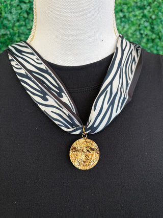 Zebra Print Scarf Necklace with Gold Medallion Pendant