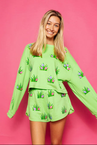 Queen of Sparkles Lime Green Easter Egg In Grass Sweatshirt