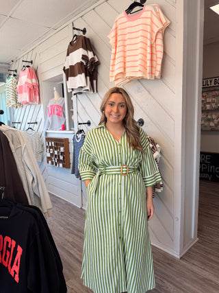 Green With Envy Striped Midi Shirt Dress