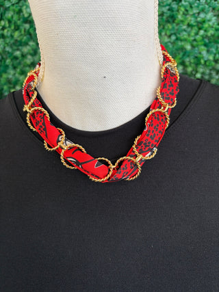 Red Leopard Print Scarf Link Necklace with Gold Chain Accents
