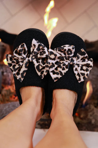 Cozy Bow Slippers- Black/Leopard