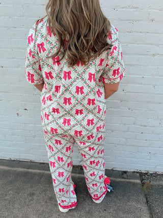 Pretty Lattice Bow Ruffle Pajama Set