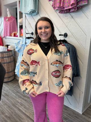 Queen of Sparkles Beige Fish Cardigan