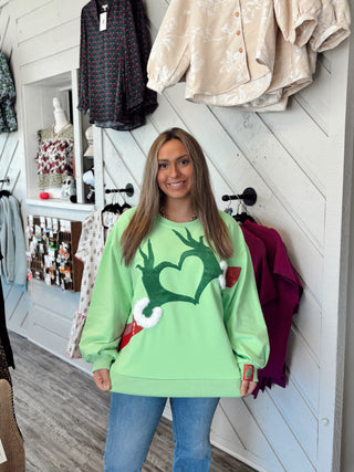 Queen of Sparkles Green Grinch Heart Hands Sweatshirt