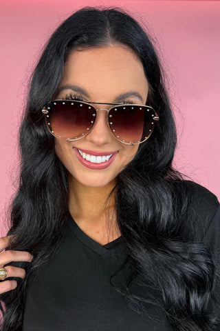 Hollywood Studded Aviator Sunglasses in Brown Ombre