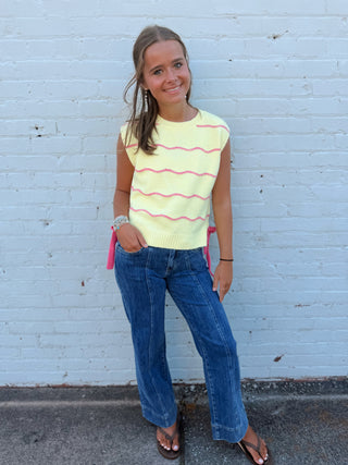 Pastel Yellow Sleeveless Sweater Tank for Women | Pink Bow Side Tie Knit Top