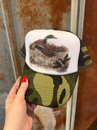 Retro Duck Trucker Cap - Multiple Color Options: Camo & White