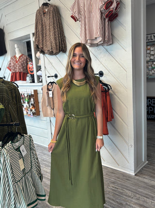 Olive Luxe Belted Midi Dress