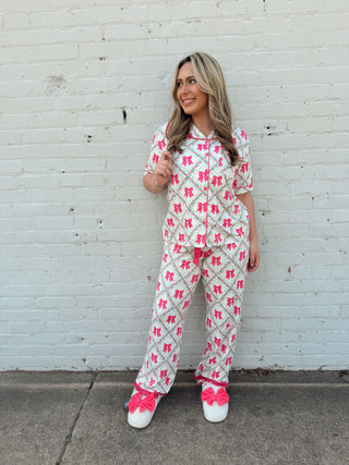 Pretty Lattice Bow Ruffle Pajama Set