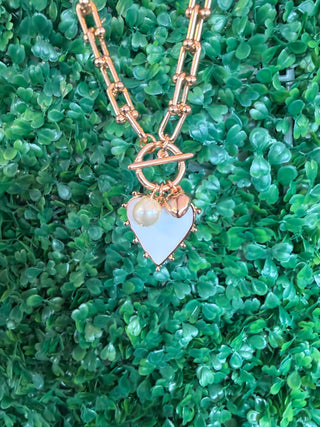 Gold Chain Necklace with White Studded Heart Charm 16"-18" Necklace