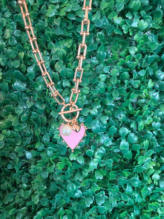 Gold Chain Necklace with Pink Studded Heart Charm 16"-18" Necklace