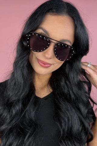 Hollywood Studded Aviator Sunglasses in Black