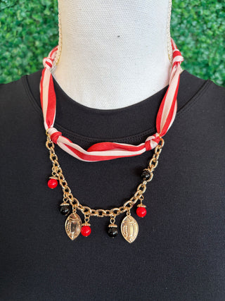 Red & White Striped Scarf Necklace with Football Charms