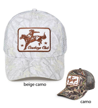 Western COWBOT CLUB Patch in Printed Mesh Baseball Hat: Beige Camo