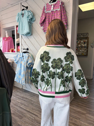 Queen of Sparkles White, Green & Pink Stripe Beaded Shamrock Cardigan