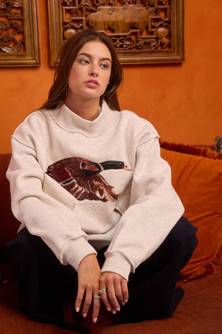 IT2594E-MALLARD | 'MALLARD' Embroidered Mock-Neck Sweatshirt: S/M-L/XL (3-3) / ASH GREY