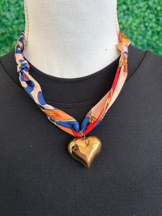 Colorful Scarf Necklace with Gold Heart Pendant