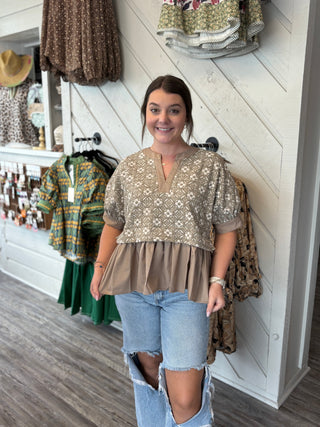 Sand Bloom Contrast Peplum Top