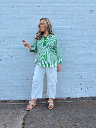 Evergreen Pearl Stripe Popover Top