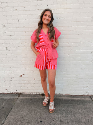 Pink Lemonade Patchwork Stripe Button-Up Top