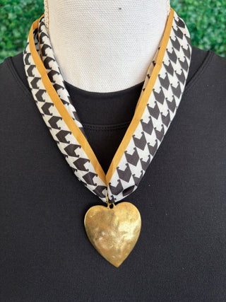 Houndstooth Scarf Necklace with Gold Heart Pendant